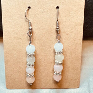 Stainless Steel Hook Dangle Earrings Pink Aventurine Crystal Rondelles Handmade